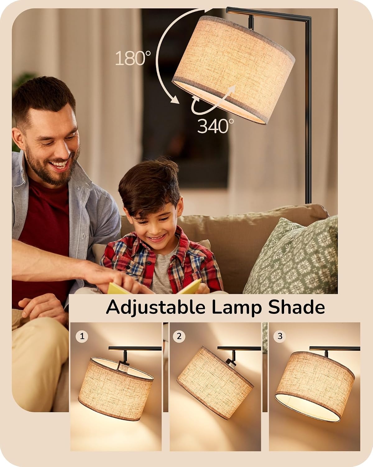 EDISHINE Vloerlamp Woonkamer, Booglamp met Verstelbare Linnen Lampenkap, Leeslamp met E27 LED Lamp en Voetschakelaar, 160 cm Vloerlamp voor Slaapkamer, Onderliggenderkamer, Kantoor