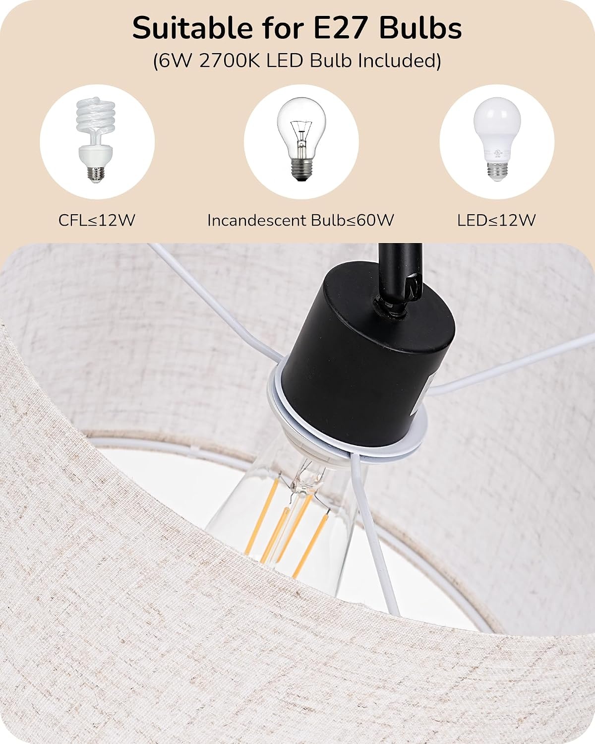 EDISHINE Vloerlamp Woonkamer, Booglamp met Verstelbare Linnen Lampenkap, Leeslamp met E27 LED Lamp en Voetschakelaar, 160 cm Vloerlamp voor Slaapkamer, Onderliggenderkamer, Kantoor