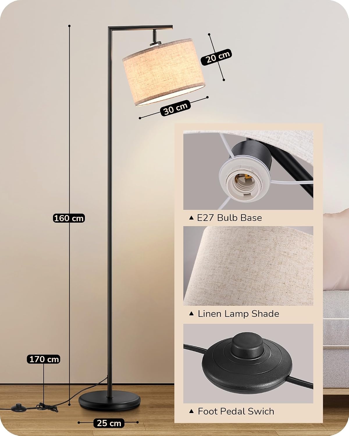 EDISHINE Vloerlamp Woonkamer, Booglamp met Verstelbare Linnen Lampenkap, Leeslamp met E27 LED Lamp en Voetschakelaar, 160 cm Vloerlamp voor Slaapkamer, Onderliggenderkamer, Kantoor