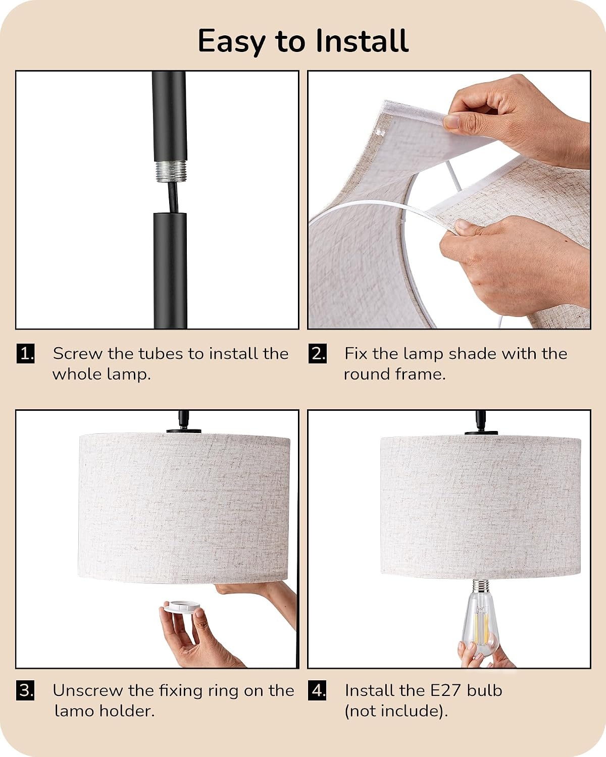 EDISHINE Vloerlamp Woonkamer, Booglamp met Verstelbare Linnen Lampenkap, Leeslamp met E27 LED Lamp en Voetschakelaar, 160 cm Vloerlamp voor Slaapkamer, Onderliggenderkamer, Kantoor