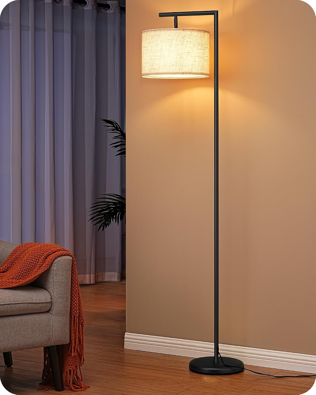 EDISHINE Vloerlamp Woonkamer, Booglamp met Verstelbare Linnen Lampenkap, Leeslamp met E27 LED Lamp en Voetschakelaar, 160 cm Vloerlamp voor Slaapkamer, Onderliggenderkamer, Kantoor