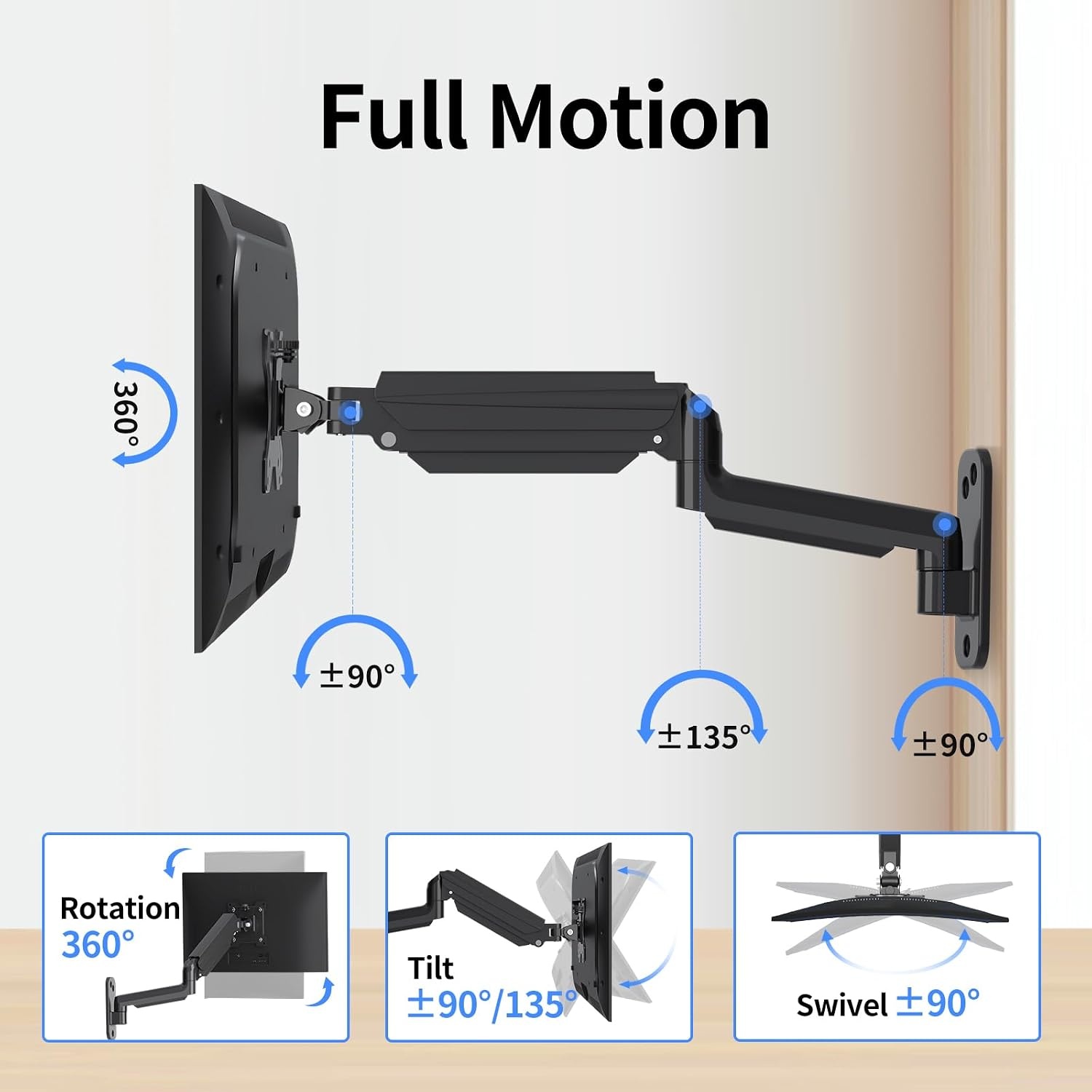 suptek Monitor Muurbeugel voor 13-32 inch Schermen, Zwart, Gasveer met Kantel- en Draaifunctie