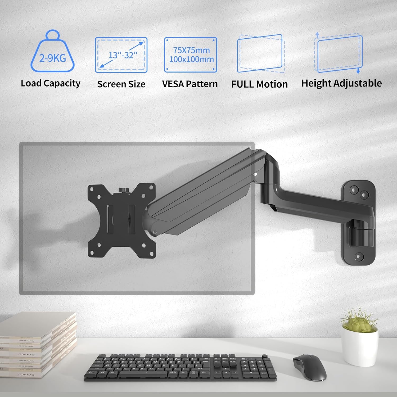suptek Monitor Muurbeugel voor 13-32 inch Schermen, Zwart, Gasveer met Kantel- en Draaifunctie