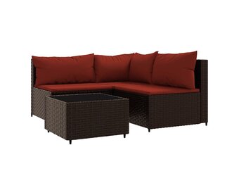 vidaXL 4-delige Loungeset met kussens poly rattan bruin