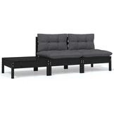 vidaXL 3-delige Loungeset met kussens massief grenenhout zwart