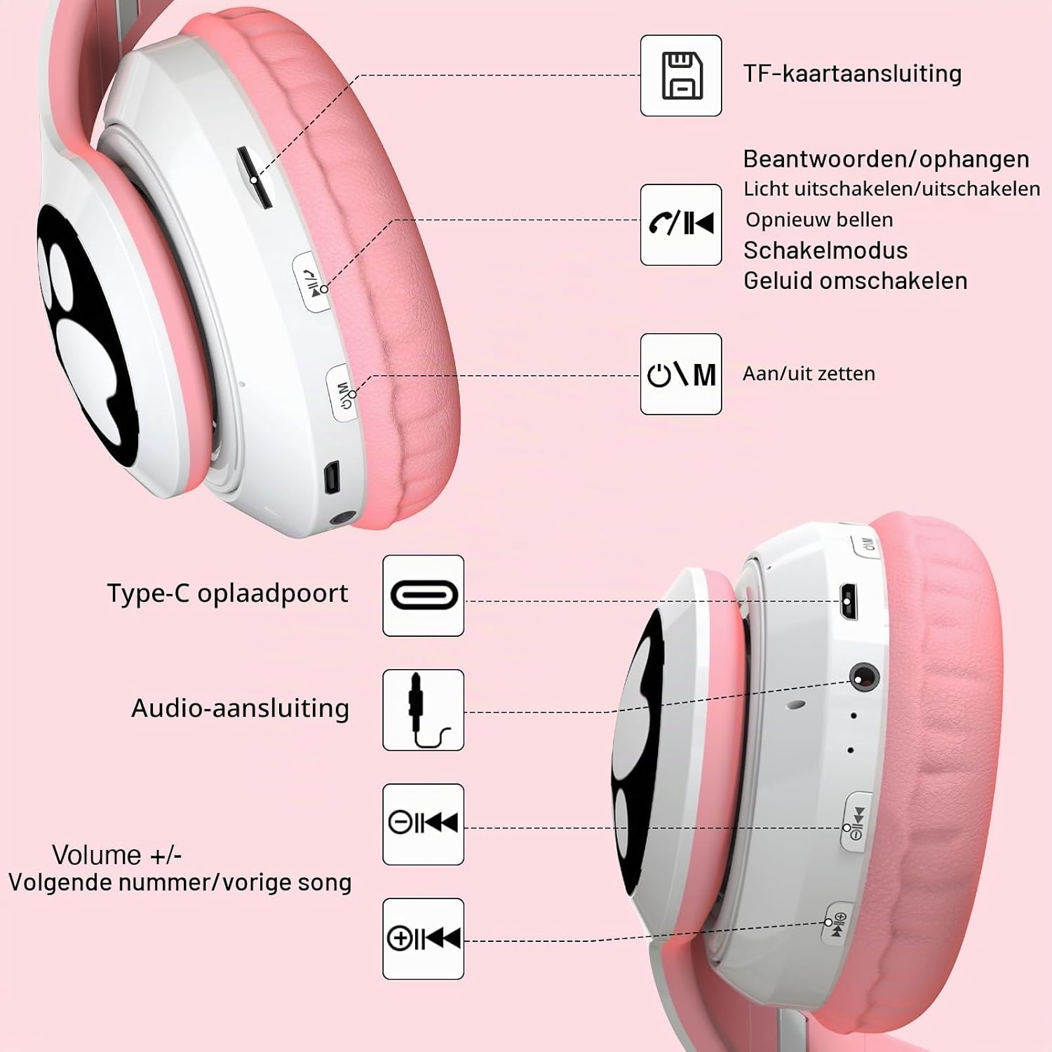 OHAANYY Kattenoor Bluetooth Koptelefoon Kinderen LED Licht