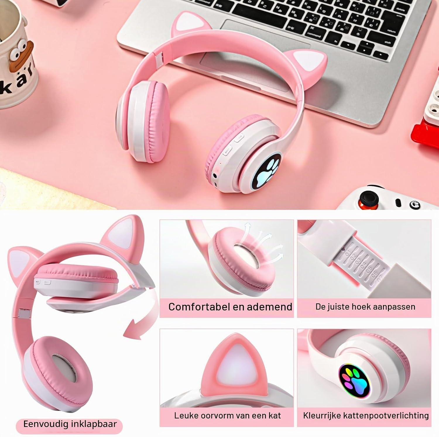 OHAANYY Kattenoor Bluetooth Koptelefoon Kinderen LED Licht