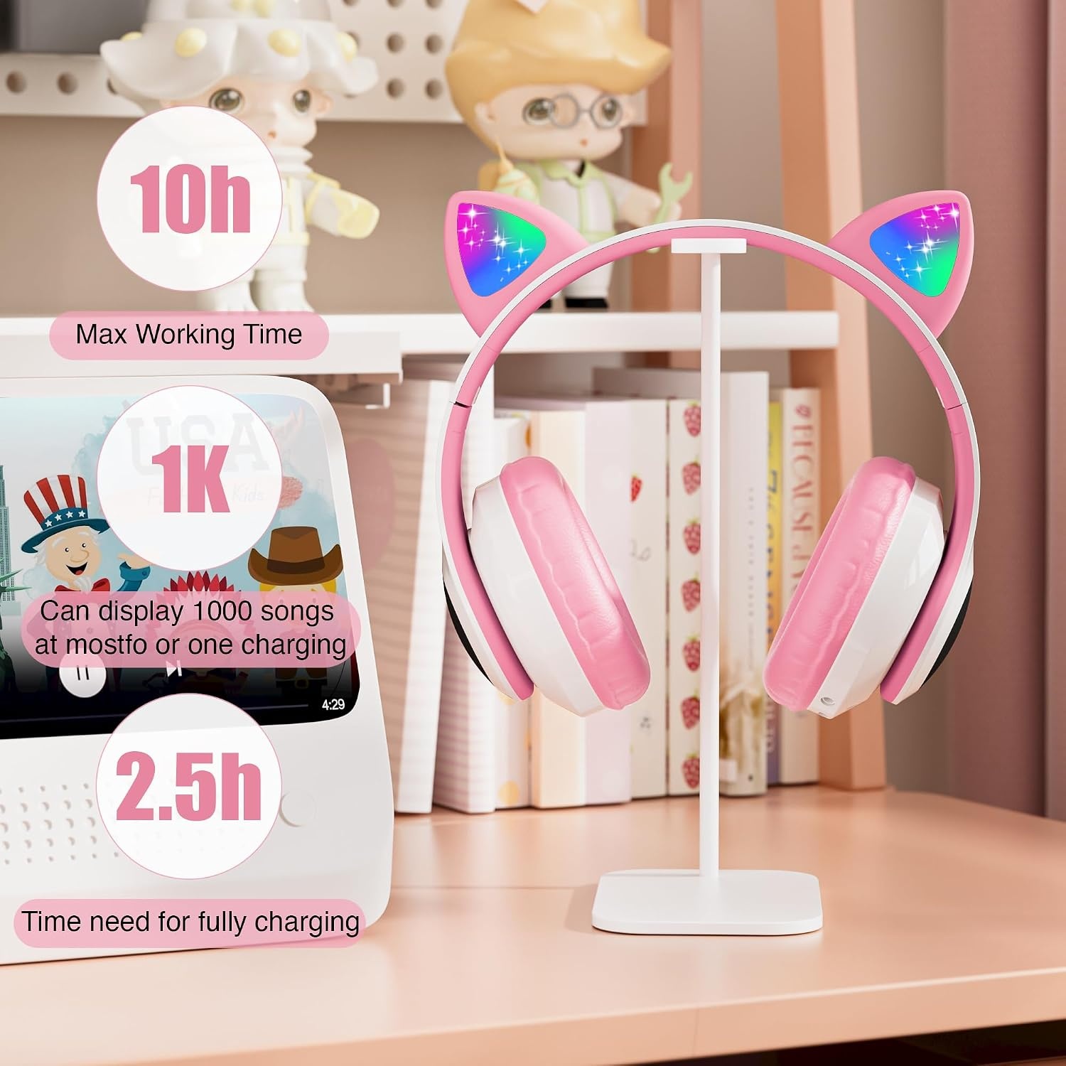 OHAANYY Kattenoor Bluetooth Koptelefoon Kinderen LED Licht