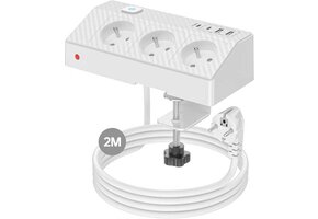 Wit Tafelstekkerblok met 3 Franse Stopcontacten, 4 USB-poorten & 2m Kabel - 32% Korting