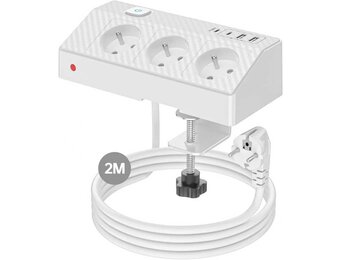 Tafelstekkerdoos met 3 Franse stopcontacten, 4 USB-poorten (incl. USB-C PD 20 W) desktopstekkerdoos 4000 W PASSUS stekkerdoos met schakelaar voor kantoor/huis, kabel 2 m tafelstopcontact