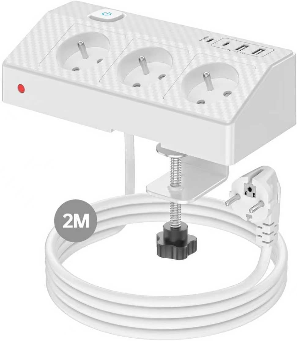 Tafelstekkerdoos met 3 Franse stopcontacten, 4 USB-poorten (incl. USB-C PD 20 W) desktopstekkerdoos 4000 W PASSUS stekkerdoos met schakelaar voor kantoor/huis, kabel 2 m tafelstopcontact