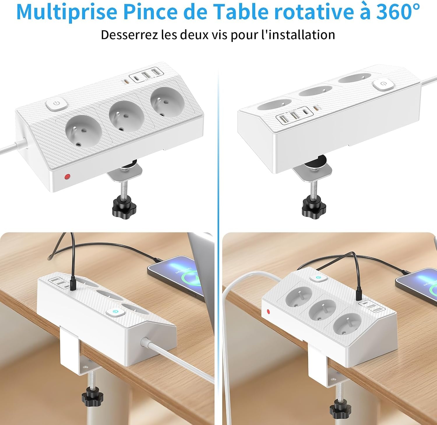Tafelstekkerdoos met 3 Franse stopcontacten, 4 USB-poorten (incl. USB-C PD 20 W) desktopstekkerdoos 4000 W PASSUS stekkerdoos met schakelaar voor kantoor/huis, kabel 2 m tafelstopcontact
