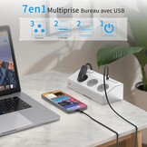 Tafelstekkerdoos met 3 Franse stopcontacten, 4 USB-poorten (incl. USB-C PD 20 W) desktopstekkerdoos 4000 W PASSUS stekkerdoos met schakelaar voor kantoor/huis, kabel 2 m tafelstopcontact