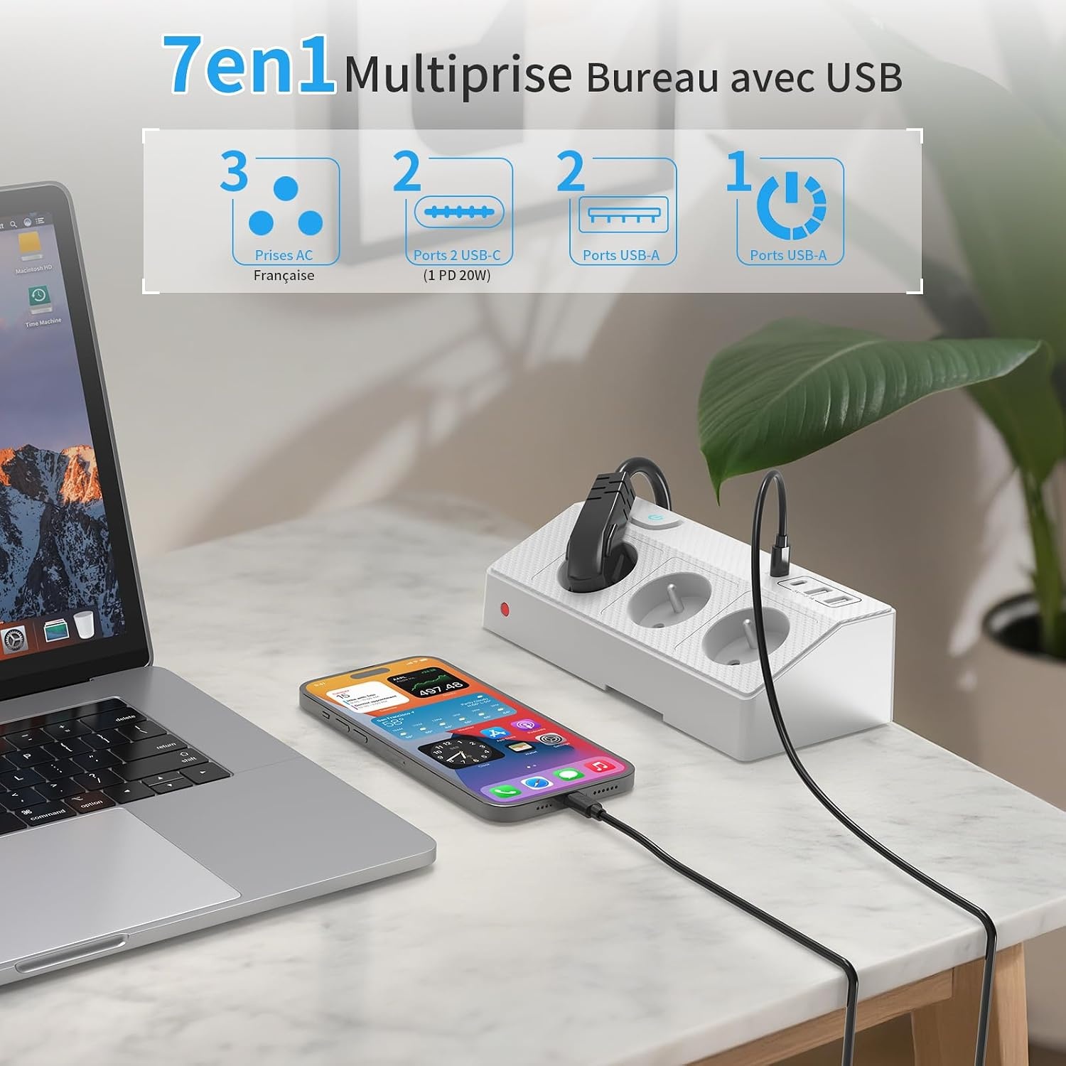 Tafelstekkerdoos met 3 Franse stopcontacten, 4 USB-poorten (incl. USB-C PD 20 W) desktopstekkerdoos 4000 W PASSUS stekkerdoos met schakelaar voor kantoor/huis, kabel 2 m tafelstopcontact
