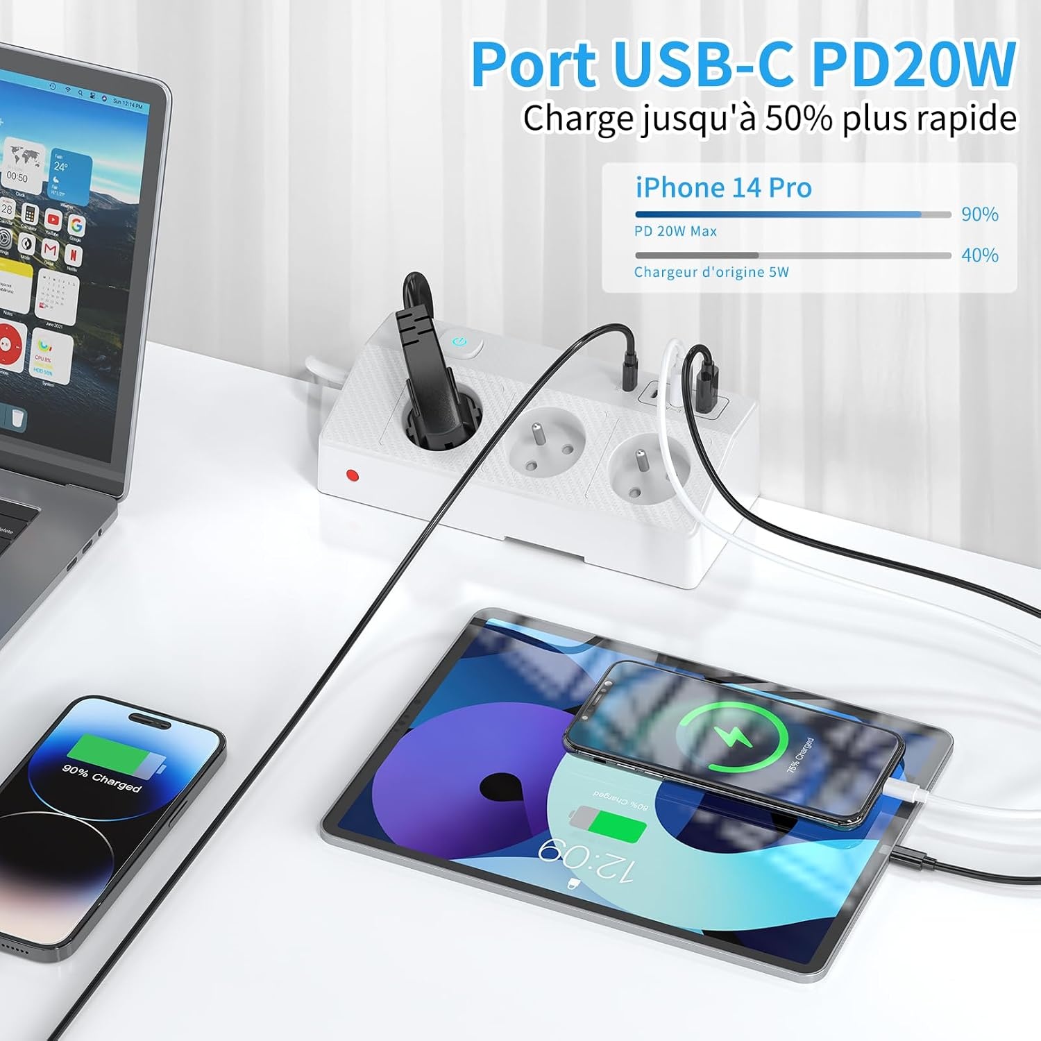 Tafelstekkerdoos met 3 Franse stopcontacten, 4 USB-poorten (incl. USB-C PD 20 W) desktopstekkerdoos 4000 W PASSUS stekkerdoos met schakelaar voor kantoor/huis, kabel 2 m tafelstopcontact