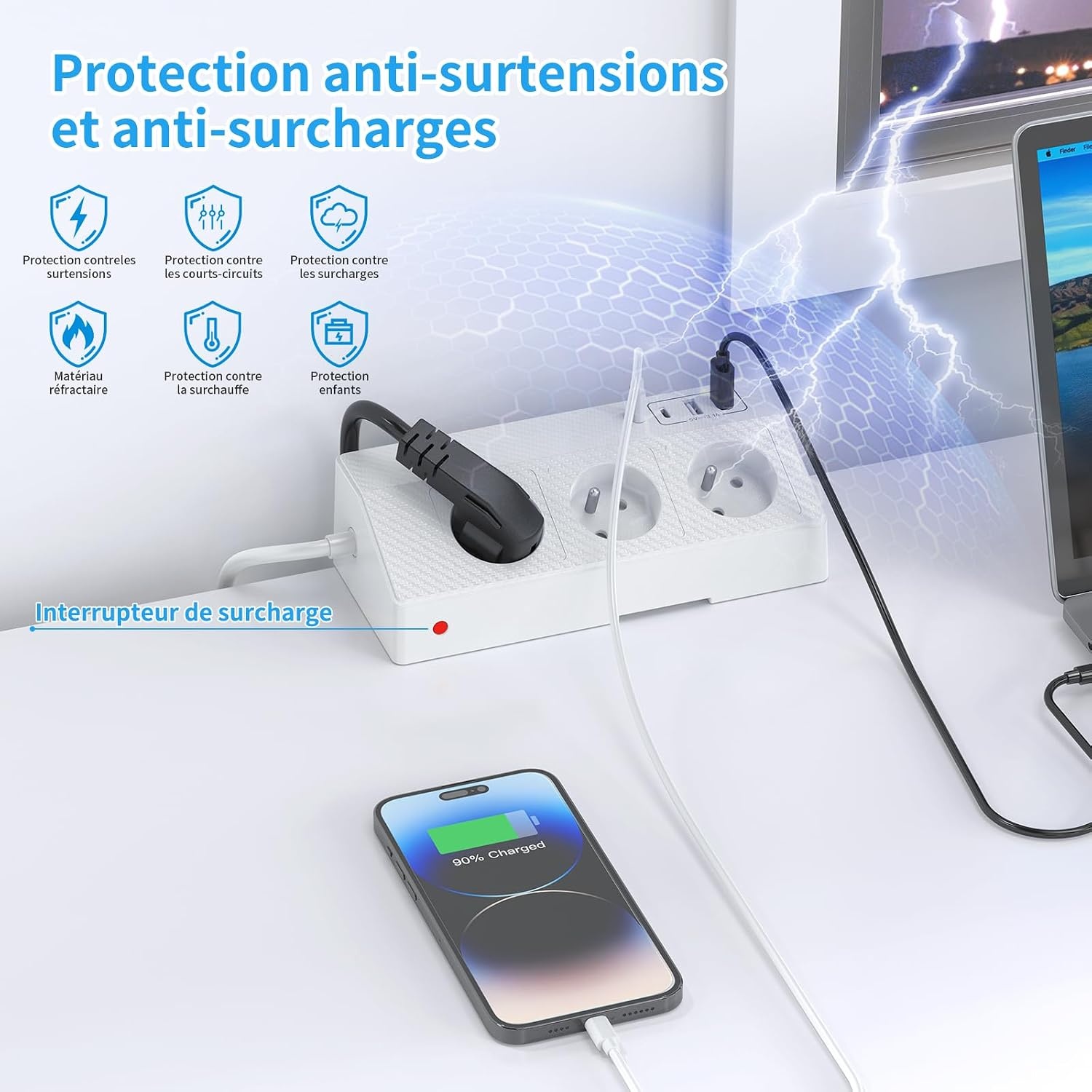Tafelstekkerdoos met 3 Franse stopcontacten, 4 USB-poorten (incl. USB-C PD 20 W) desktopstekkerdoos 4000 W PASSUS stekkerdoos met schakelaar voor kantoor/huis, kabel 2 m tafelstopcontact