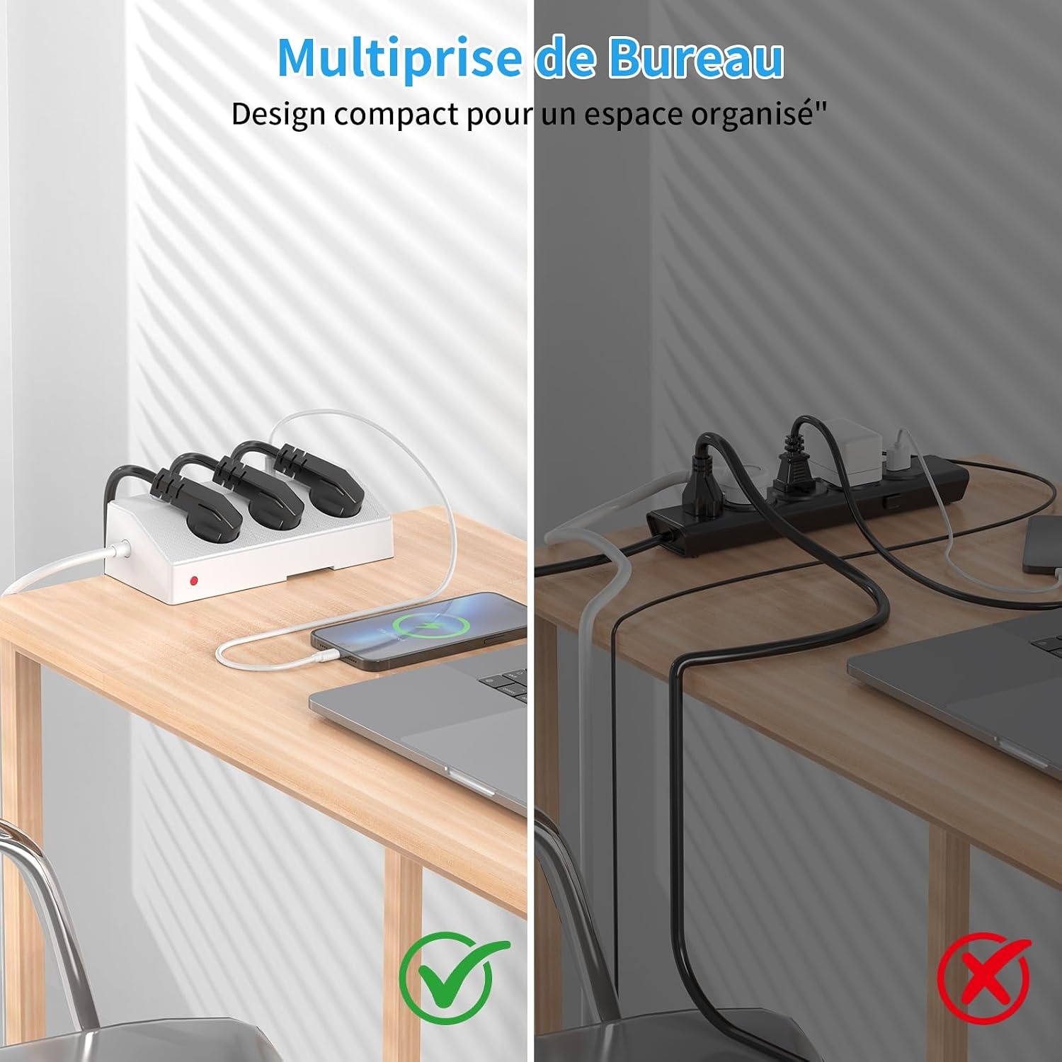 Tafelstekkerdoos met 3 Franse stopcontacten, 4 USB-poorten (incl. USB-C PD 20 W) desktopstekkerdoos 4000 W PASSUS stekkerdoos met schakelaar voor kantoor/huis, kabel 2 m tafelstopcontact