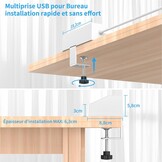 Tafelstekkerdoos met 3 Franse stopcontacten, 4 USB-poorten (incl. USB-C PD 20 W) desktopstekkerdoos 4000 W PASSUS stekkerdoos met schakelaar voor kantoor/huis, kabel 2 m tafelstopcontact