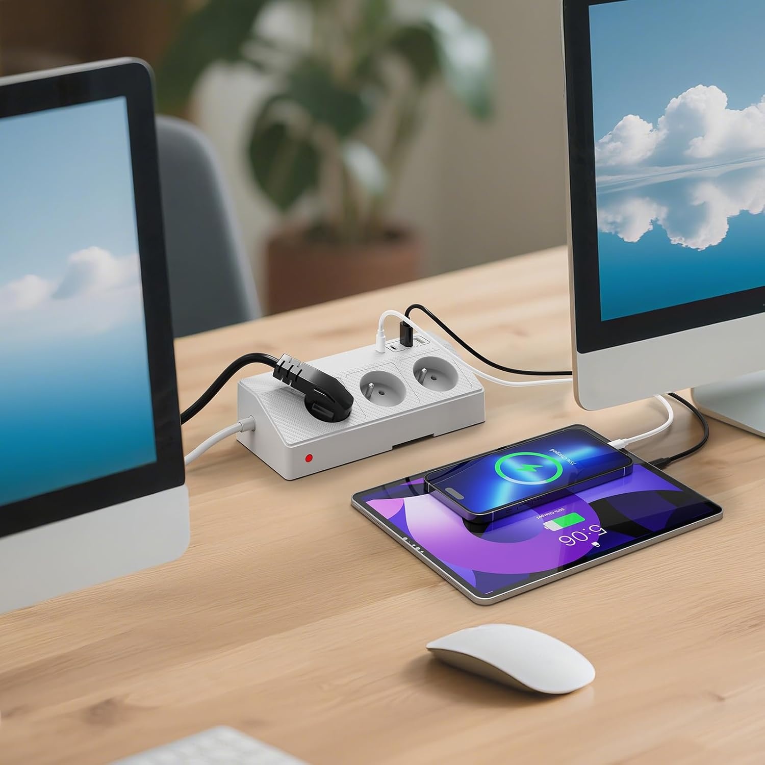 Tafelstekkerdoos met 3 Franse stopcontacten, 4 USB-poorten (incl. USB-C PD 20 W) desktopstekkerdoos 4000 W PASSUS stekkerdoos met schakelaar voor kantoor/huis, kabel 2 m tafelstopcontact