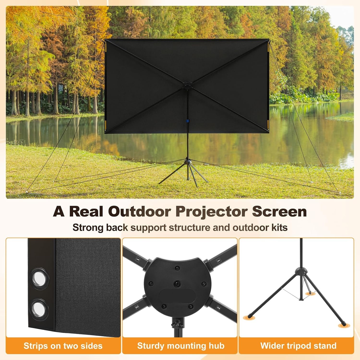 Outdoor Projectionscherm met Statief, 80 Inch (16:9), Windbestendig Ontwerp voor Draagbaar Projectiescherm, met Touwen en Grondpennen, Hoge Opbrengst, 4K Beeld voor Thuisbioscoop en Kamperen. - Maat 80 Inch (16:9)