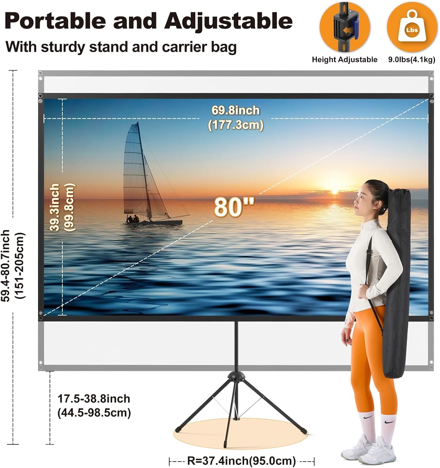 Outdoor Projectionscherm met Statief, 80 Inch (16:9), Windbestendig Ontwerp voor Draagbaar Projectiescherm, met Touwen en Grondpennen, Hoge Opbrengst, 4K Beeld voor Thuisbioscoop en Kamperen. - Maat 80 Inch (16:9)