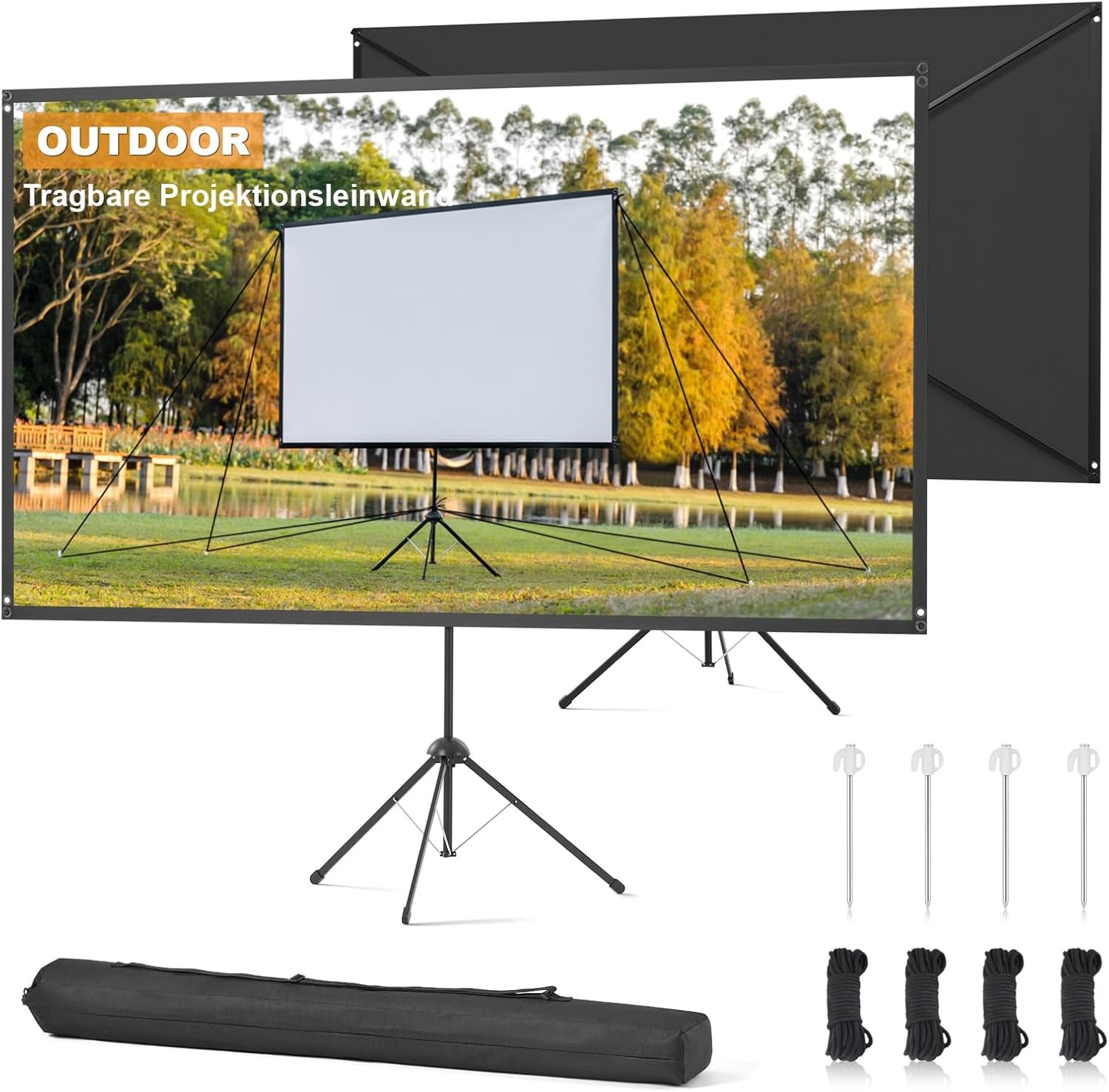 Outdoor Projectionscherm met Statief, 80 Inch (16:9), Windbestendig Ontwerp voor Draagbaar Projectiescherm, met Touwen en Grondpennen, Hoge Opbrengst, 4K Beeld voor Thuisbioscoop en Kamperen. - Maat 80 Inch (16:9)