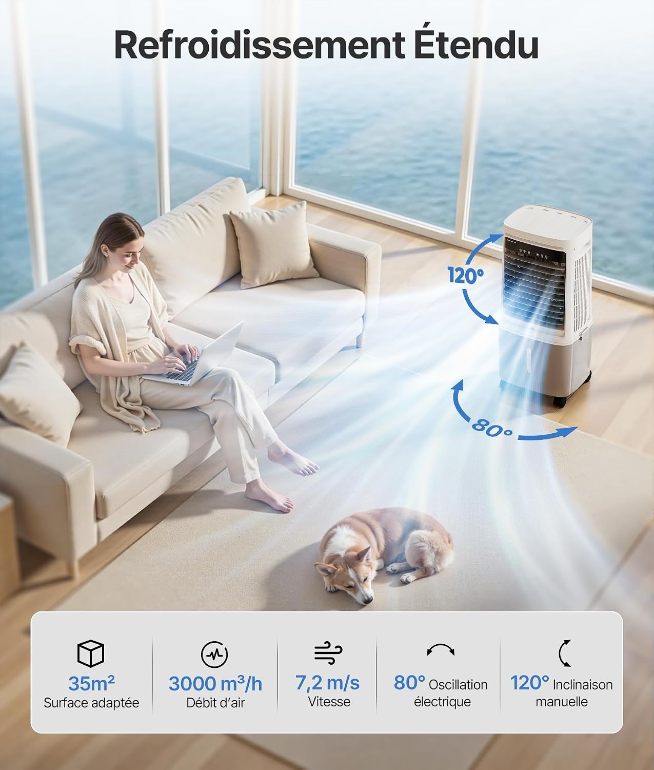 Draagbare luchtkoeler, 25 l, met water, airconditioning zonder afvoerslang, oscillatie 80°, afstandsbediening, timer 12 uur, voor thuis en op kantoor, wit