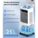 Draagbare luchtkoeler, 25 l, met water, airconditioning zonder afvoerslang, oscillatie 80°, afstandsbediening, timer 12 uur, voor thuis en op kantoor, wit