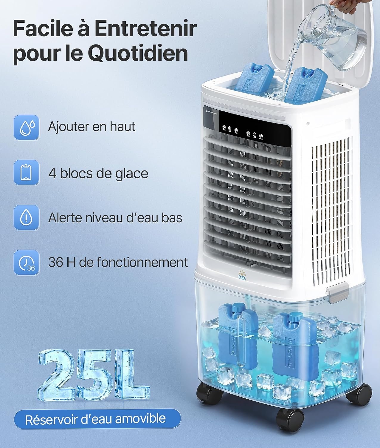 Draagbare luchtkoeler, 25 l, met water, airconditioning zonder afvoerslang, oscillatie 80°, afstandsbediening, timer 12 uur, voor thuis en op kantoor, wit