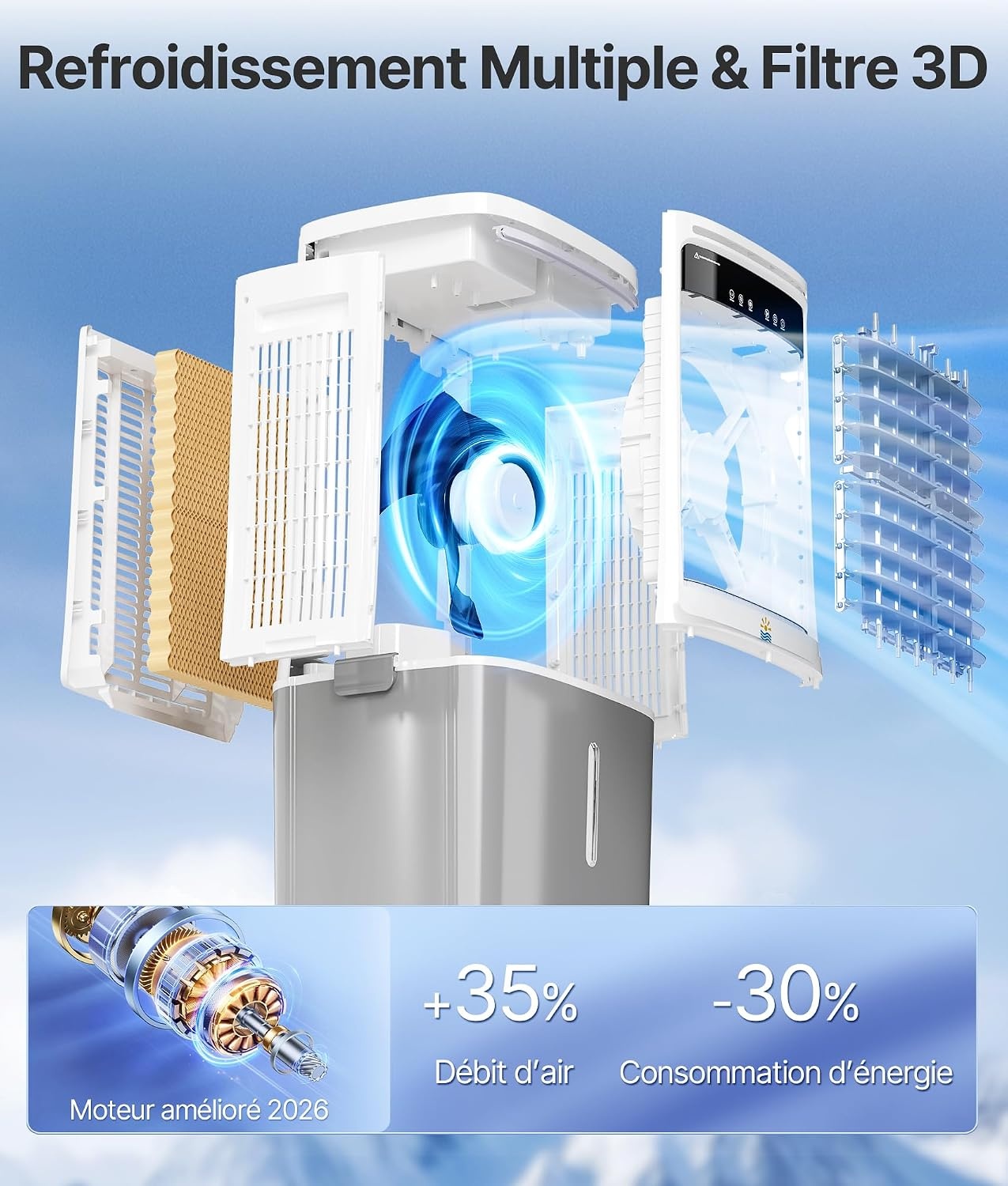 Draagbare luchtkoeler, 25 l, met water, airconditioning zonder afvoerslang, oscillatie 80°, afstandsbediening, timer 12 uur, voor thuis en op kantoor, wit