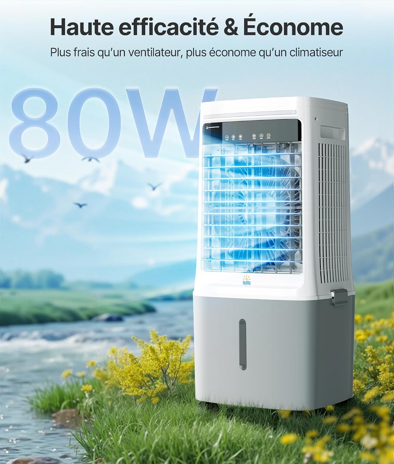 Draagbare luchtkoeler, 25 l, met water, airconditioning zonder afvoerslang, oscillatie 80°, afstandsbediening, timer 12 uur, voor thuis en op kantoor, wit
