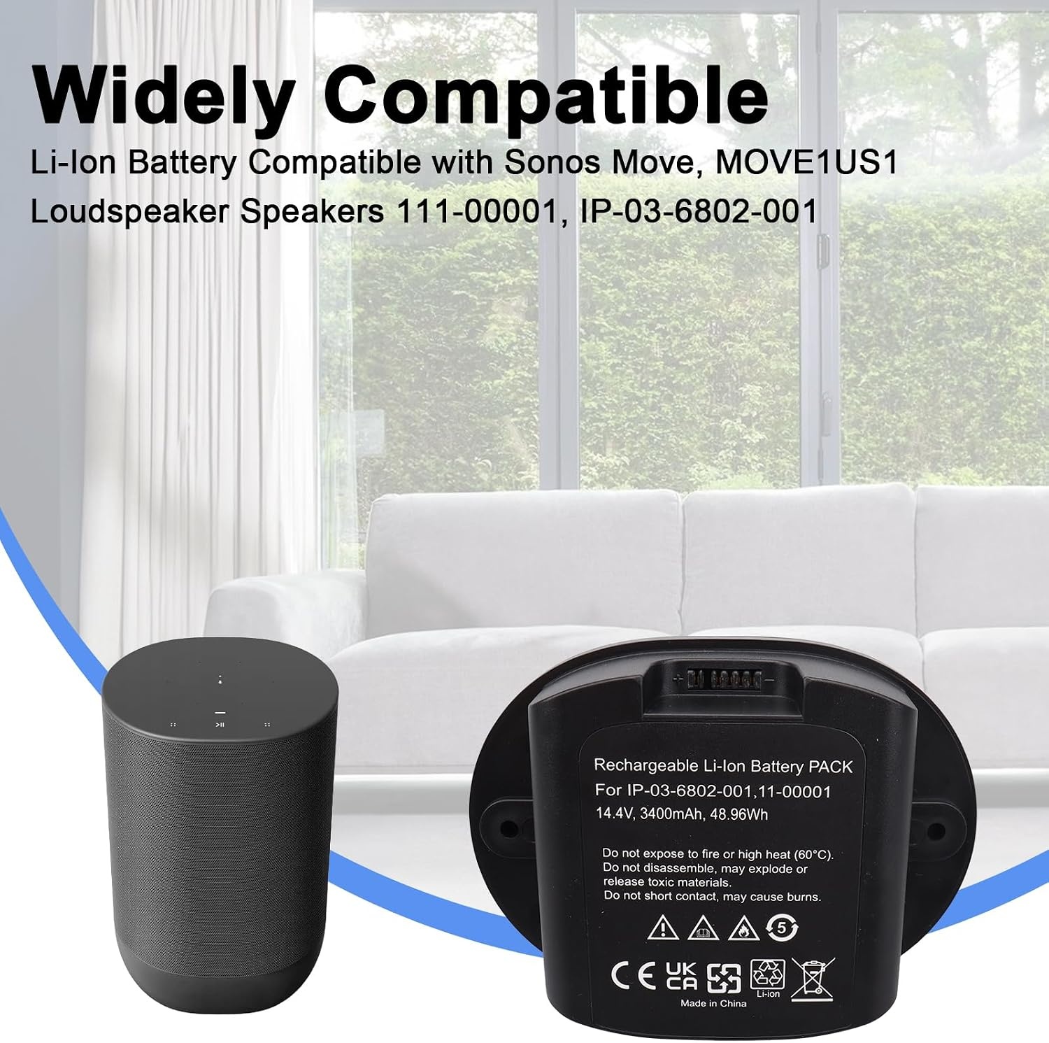 14,4V 3400mAh 48,96Wh Vervangende Li-Ion Batterij Compatibel met Sonos Move, MOVE1US1 Luidspreker 111-00001, IP-03-6802-001