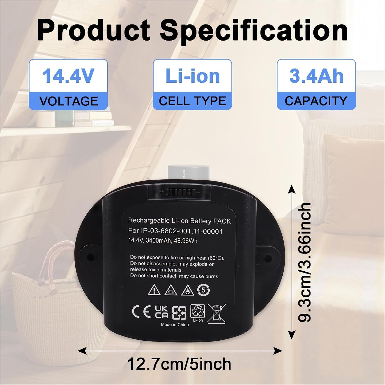 14,4V 3400mAh 48,96Wh Vervangende Li-Ion Batterij Compatibel met Sonos Move, MOVE1US1 Luidspreker 111-00001, IP-03-6802-001