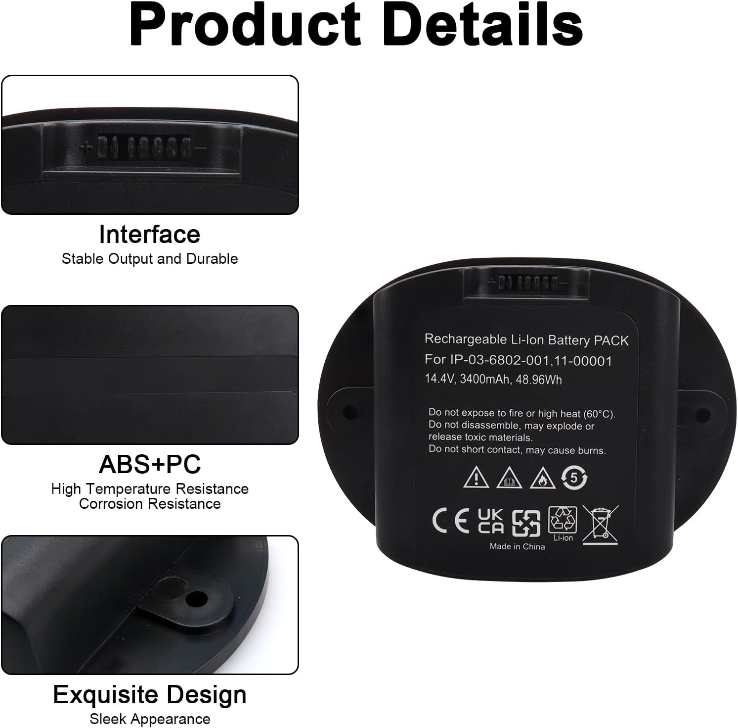 14,4V 3400mAh 48,96Wh Vervangende Li-Ion Batterij Compatibel met Sonos Move, MOVE1US1 Luidspreker 111-00001, IP-03-6802-001