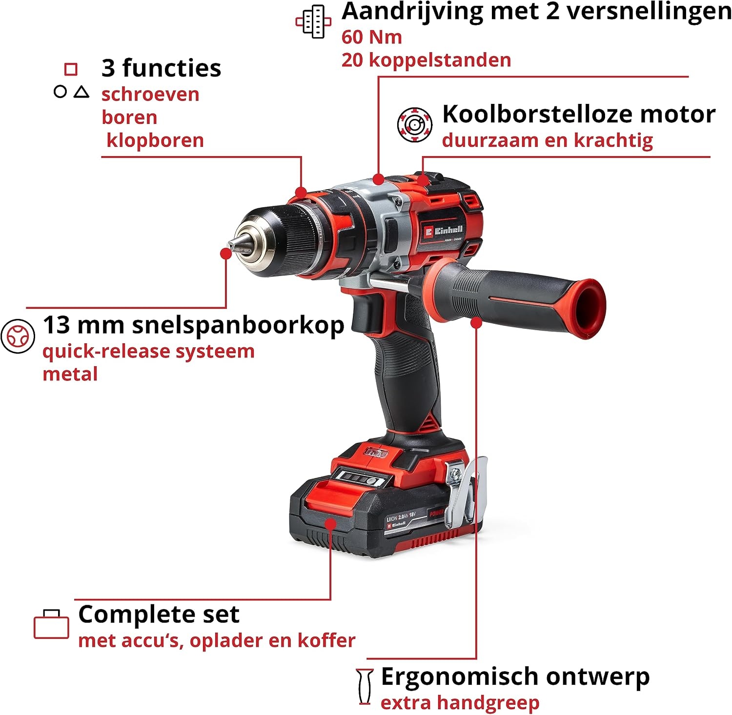 Einhell Professional Accu-Klopboormachine TP-CD 18 Li-i BL - Zwart/Rood - Inclusief 2 Accu's en Koffer