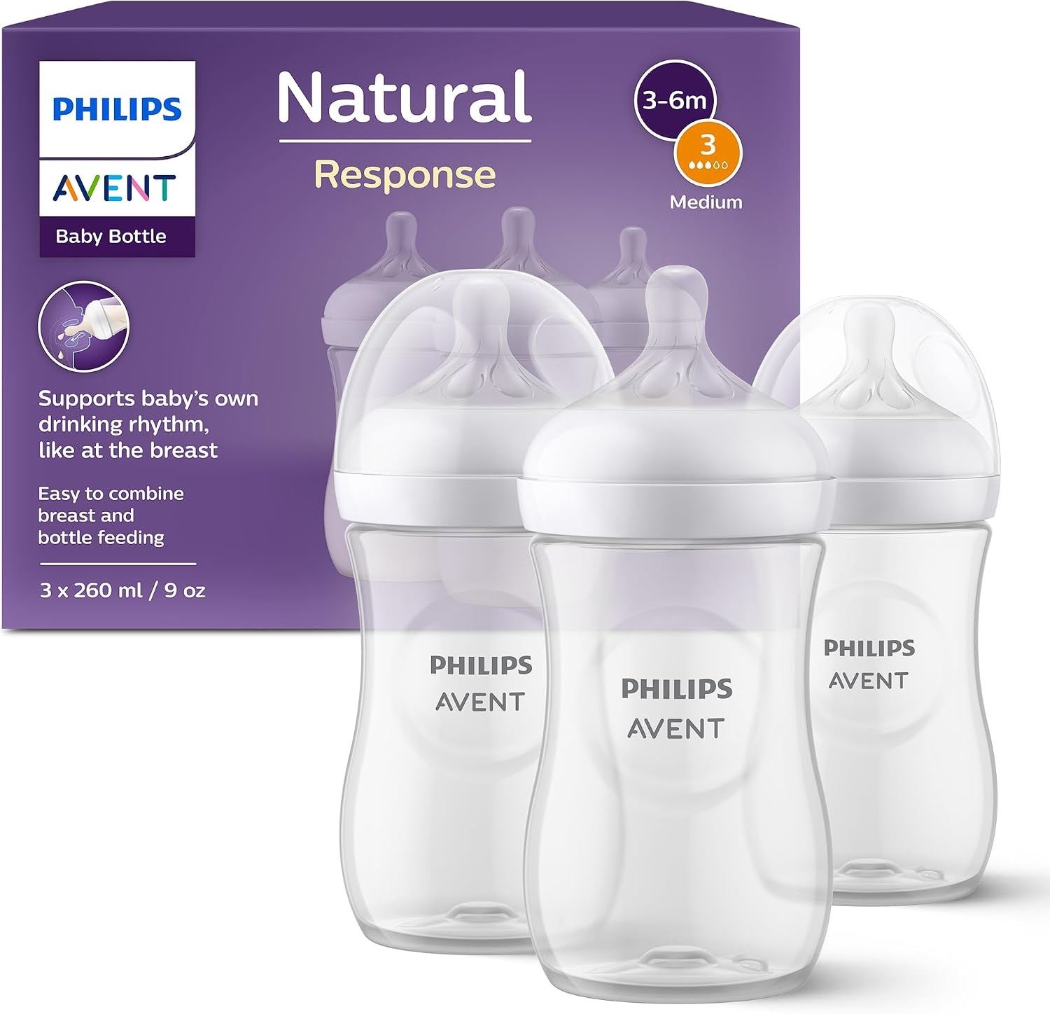 Philips Avent Natural Response Baby Bottle - 3 x 260ml Baby Milk Bottle for Newborns and Up, BPA Free, 1+ Months (Model SCY903/03) - Maat 1 count (Pack of 3)
