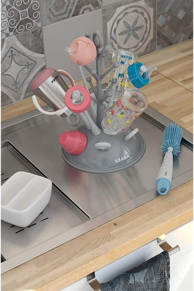 BÉABA, Flessenafdruipboom, grote capaciteit, 6 flessen en accessoires, afneembare wateropvangbak, praktisch, slim design, grijs