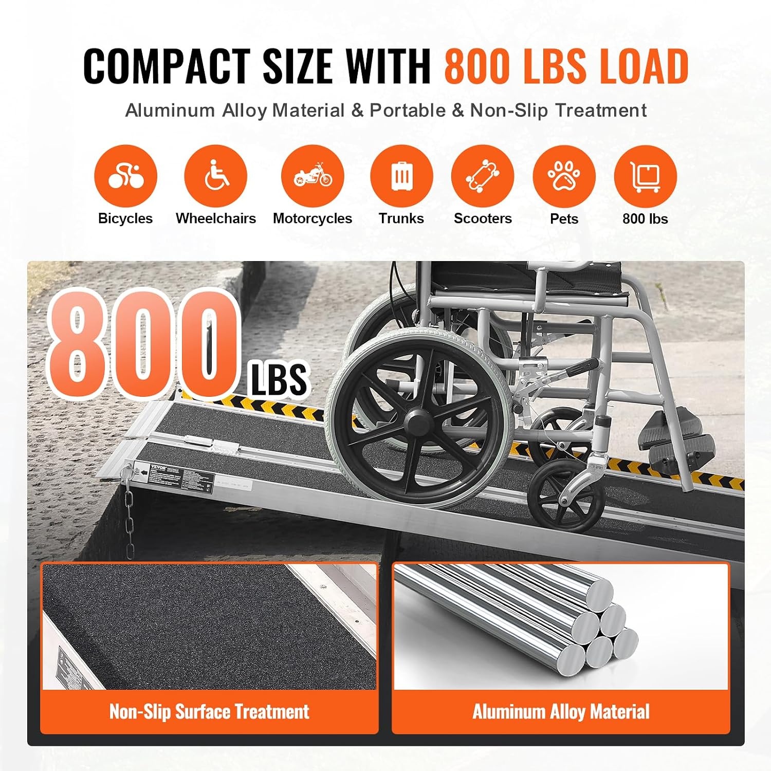VEVOR Portable Wheelchair Ramp, 183 cm, 363 kg Capacity, Anti-Slip Aluminum Folding Triple Ramp, Folding Mobility Scooter, Ramp Wheelchair, Ramp for Steps, Stairs,