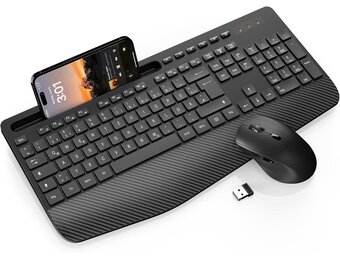 Wireless Keyboard and Mouse Combo, Full-Size Ergonomic Keyboard with Wrist Rest, Phone Holder, Sleep Mode, Silent 2.4GHz Cordless Set for Computer, Laptop, PC, Mac, Windows (Black) (Deep Black)