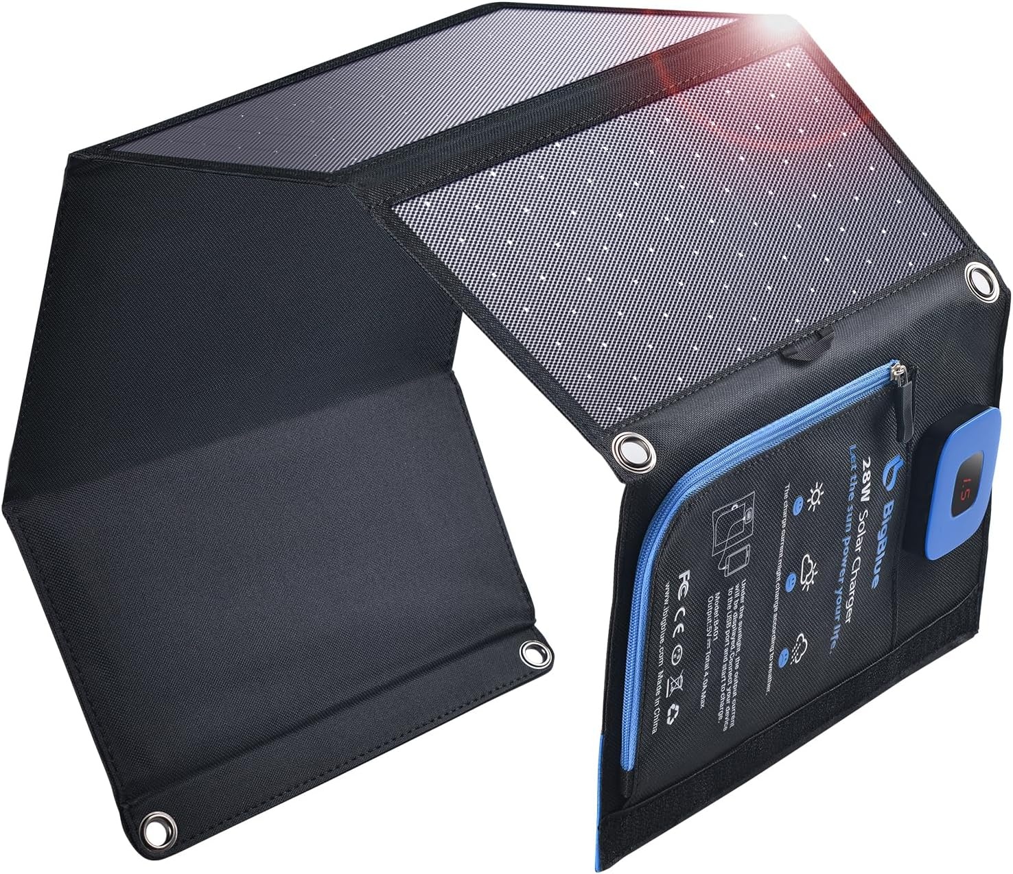 BigBlue 28W Solar Charger Opvouwbaar met Digitale Ammeter, Outdoor Zonne-energie Oplader Met Zonnepanelen Dubbele USB-poorten (5V/4A Algemeen) voor iPhone iPad Samsung Galaxy LG mobiele - Maat 28W