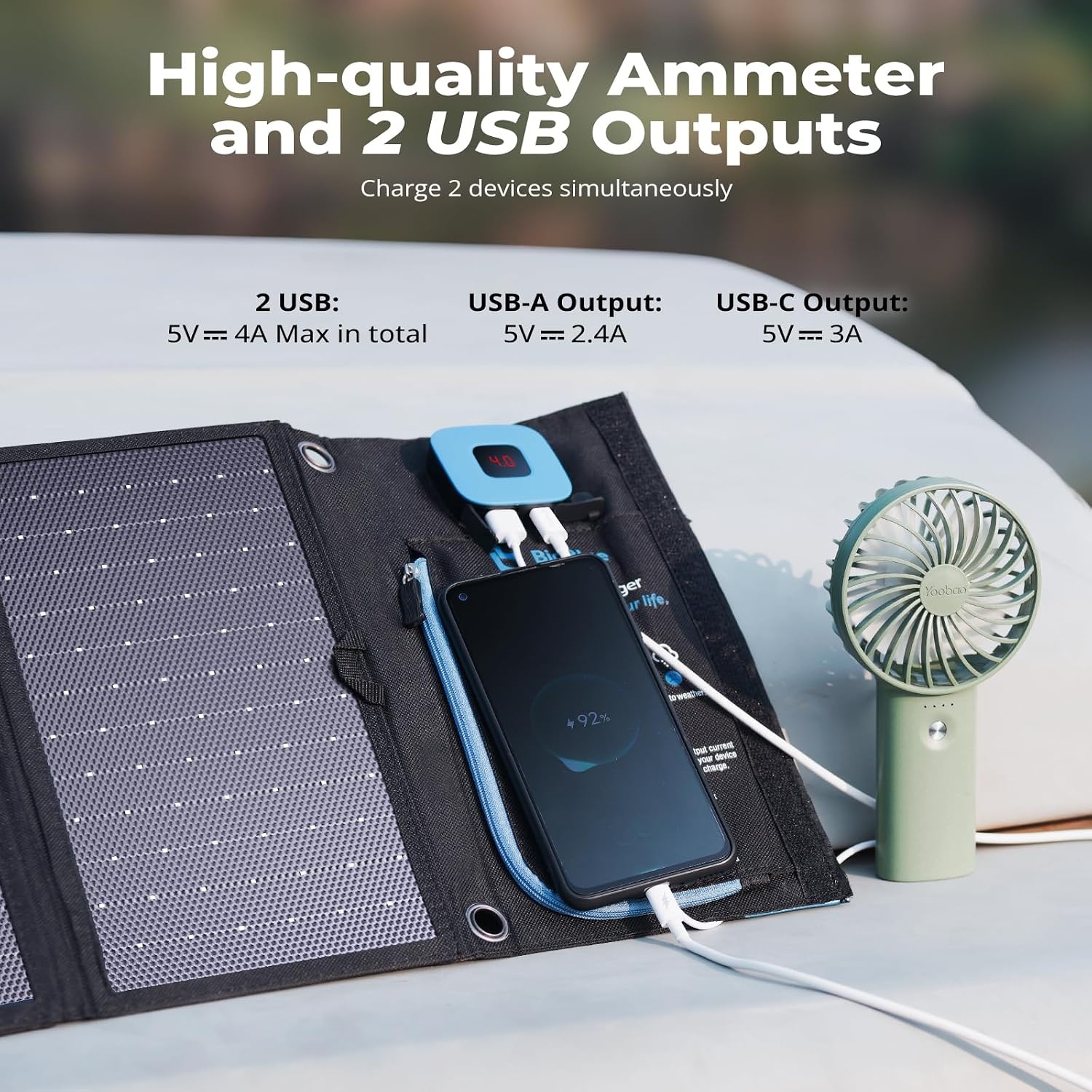 BigBlue 28W Solar Charger Opvouwbaar met Digitale Ammeter, Outdoor Zonne-energie Oplader Met Zonnepanelen Dubbele USB-poorten (5V/4A Algemeen) voor iPhone iPad Samsung Galaxy LG mobiele - Maat 28W