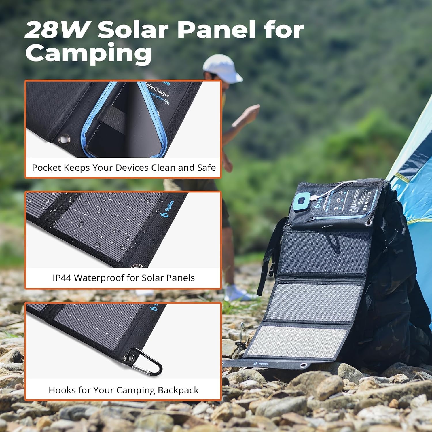 BigBlue 28W Solar Charger Opvouwbaar met Digitale Ammeter, Outdoor Zonne-energie Oplader Met Zonnepanelen Dubbele USB-poorten (5V/4A Algemeen) voor iPhone iPad Samsung Galaxy LG mobiele - Maat 28W