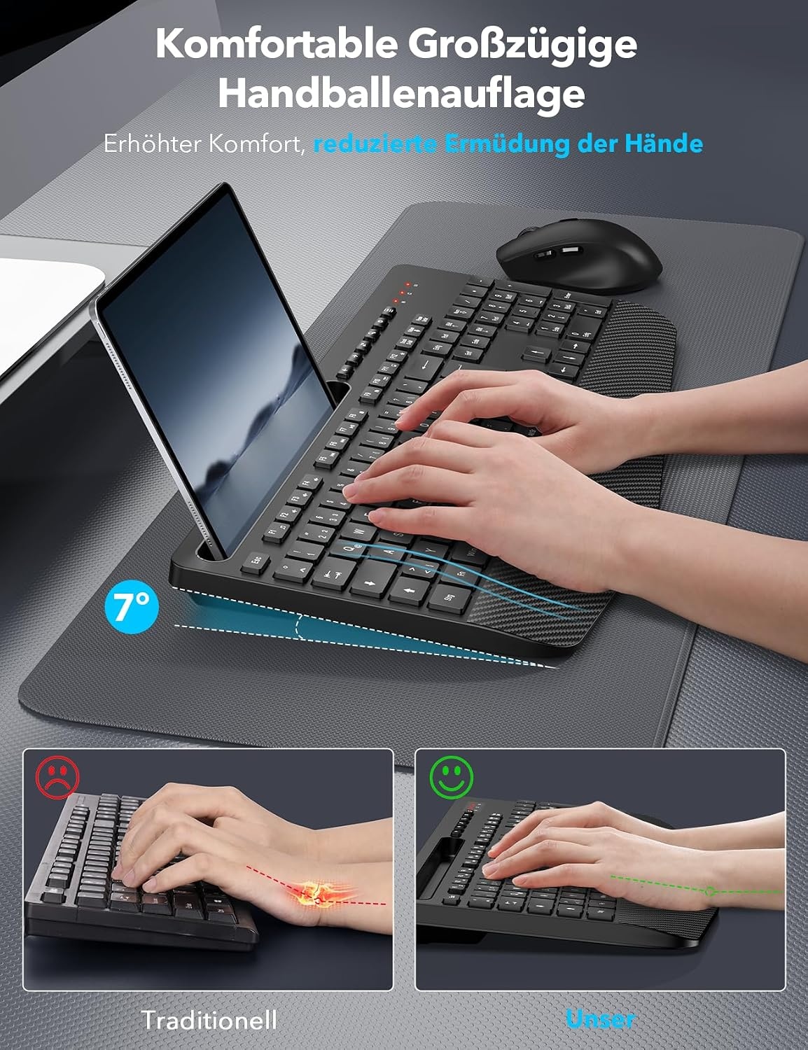 Wireless Keyboard and Mouse Combo, Full-Size Ergonomic Keyboard with Wrist Rest, Phone Holder, Sleep Mode, Silent 2.4GHz Cordless Set for Computer, Laptop, PC, Mac, Windows (Black) (Deep Black)