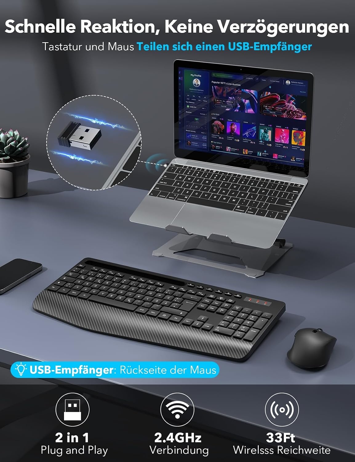 Wireless Keyboard and Mouse Combo, Full-Size Ergonomic Keyboard with Wrist Rest, Phone Holder, Sleep Mode, Silent 2.4GHz Cordless Set for Computer, Laptop, PC, Mac, Windows (Black) (Deep Black)