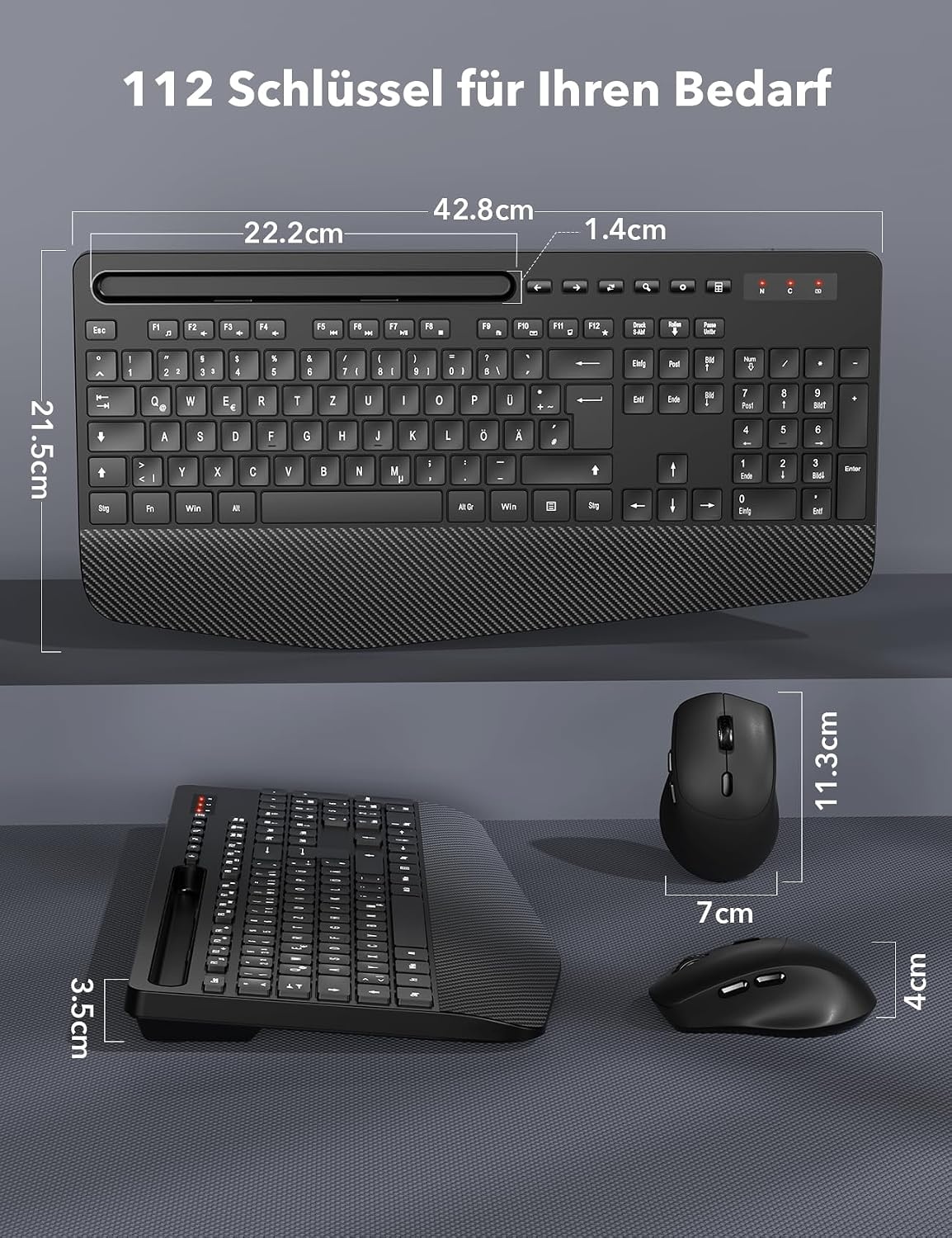 Wireless Keyboard and Mouse Combo, Full-Size Ergonomic Keyboard with Wrist Rest, Phone Holder, Sleep Mode, Silent 2.4GHz Cordless Set for Computer, Laptop, PC, Mac, Windows (Black) (Deep Black)
