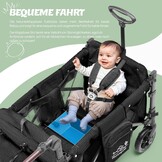 Opvouwbare bolderkar met verstelbaar zonnedak, 2-zits bolderkar, kinderwagen, 5-punts riem, in hoogte verstelbare handgreep, schuif-trekfunctie, PU-wielen met remmen, opbergtas, zwart
