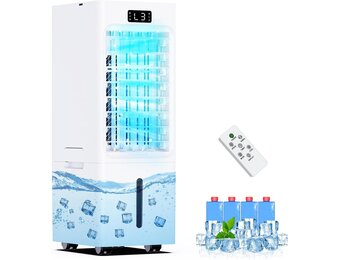 Mobiele airconditioner, 4-in-1, luchtkoeler met 3 snelheden, 4 modi, timer 1-12 uur, tank 6 l, 4 ijsblokjes, afstandsbediening inbegrepen, voor slaapkamer, woonkamer, kantoor en huis