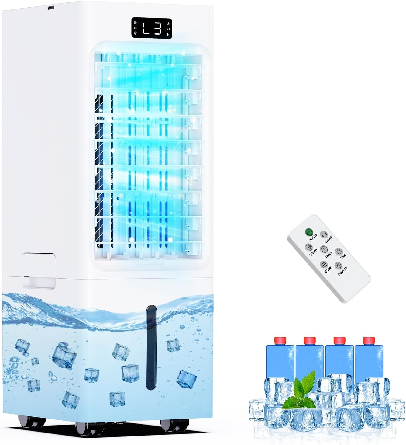 Mobiele airconditioner, 4-in-1, luchtkoeler met 3 snelheden, 4 modi, timer 1-12 uur, tank 6 l, 4 ijsblokjes, afstandsbediening inbegrepen, voor slaapkamer, woonkamer, kantoor en huis