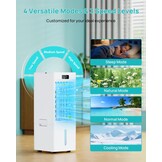 Mobiele airconditioner, 4-in-1, luchtkoeler met 3 snelheden, 4 modi, timer 1-12 uur, tank 6 l, 4 ijsblokjes, afstandsbediening inbegrepen, voor slaapkamer, woonkamer, kantoor en huis