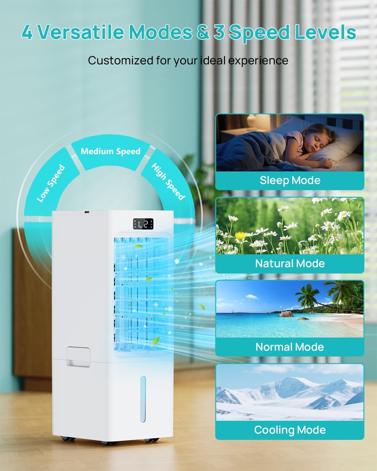 Mobiele airconditioner, 4-in-1, luchtkoeler met 3 snelheden, 4 modi, timer 1-12 uur, tank 6 l, 4 ijsblokjes, afstandsbediening inbegrepen, voor slaapkamer, woonkamer, kantoor en huis